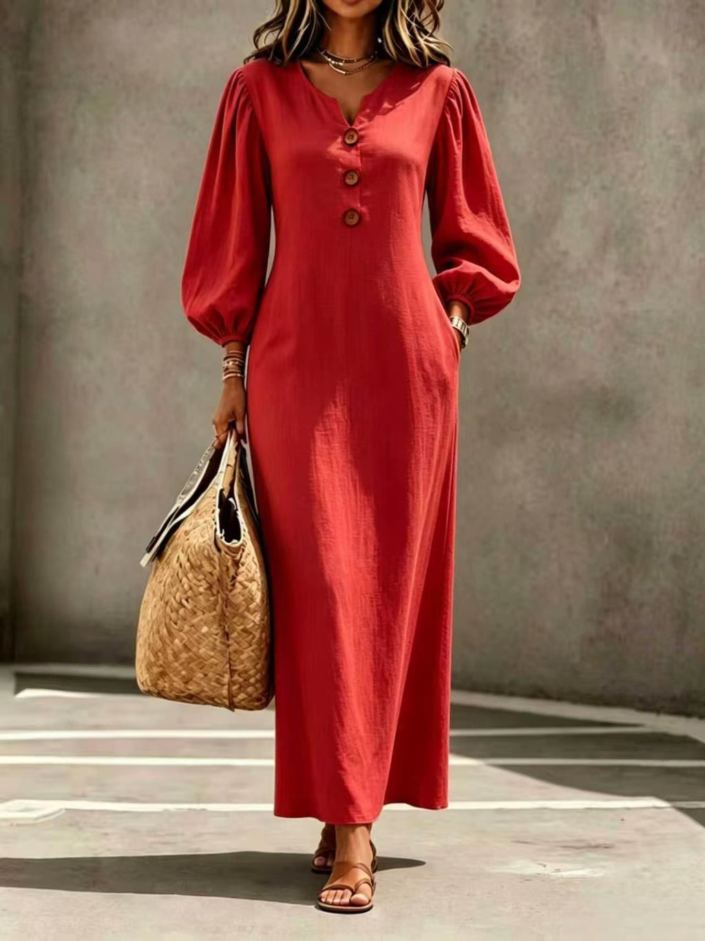 V-Ausschnitt A-Linien Kleid mit Puffärmeln