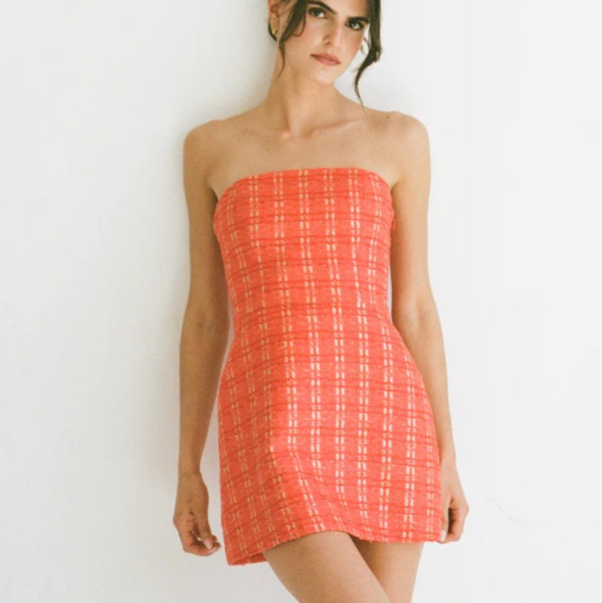 Rotes Plaid-Kleid ohne Träger