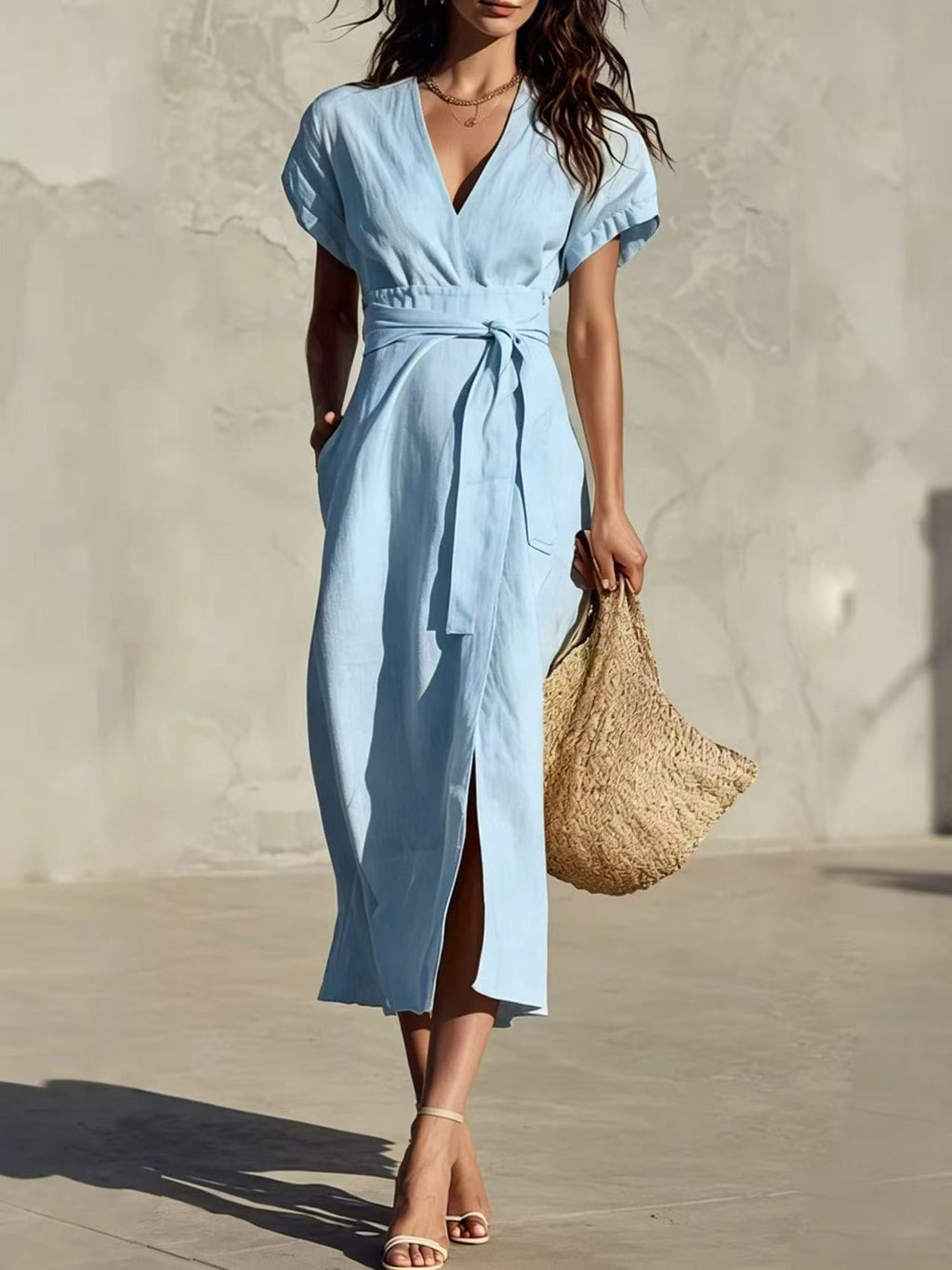 Midi-Kleid mit V-Ausschnitt & Taschen – Bild 3 | LuxeStyle
