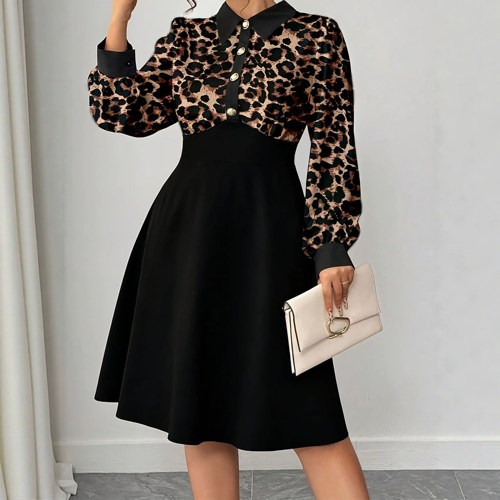 Midi-Kleid mit Leopardenmuster und Polo-Kragen