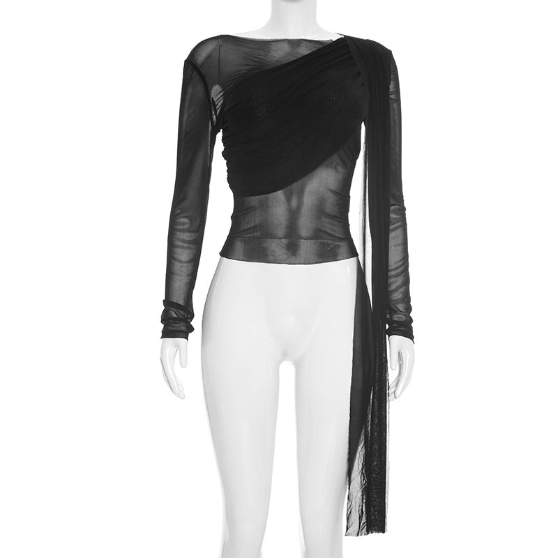 Off-Shoulder Mesh Langarmshirt