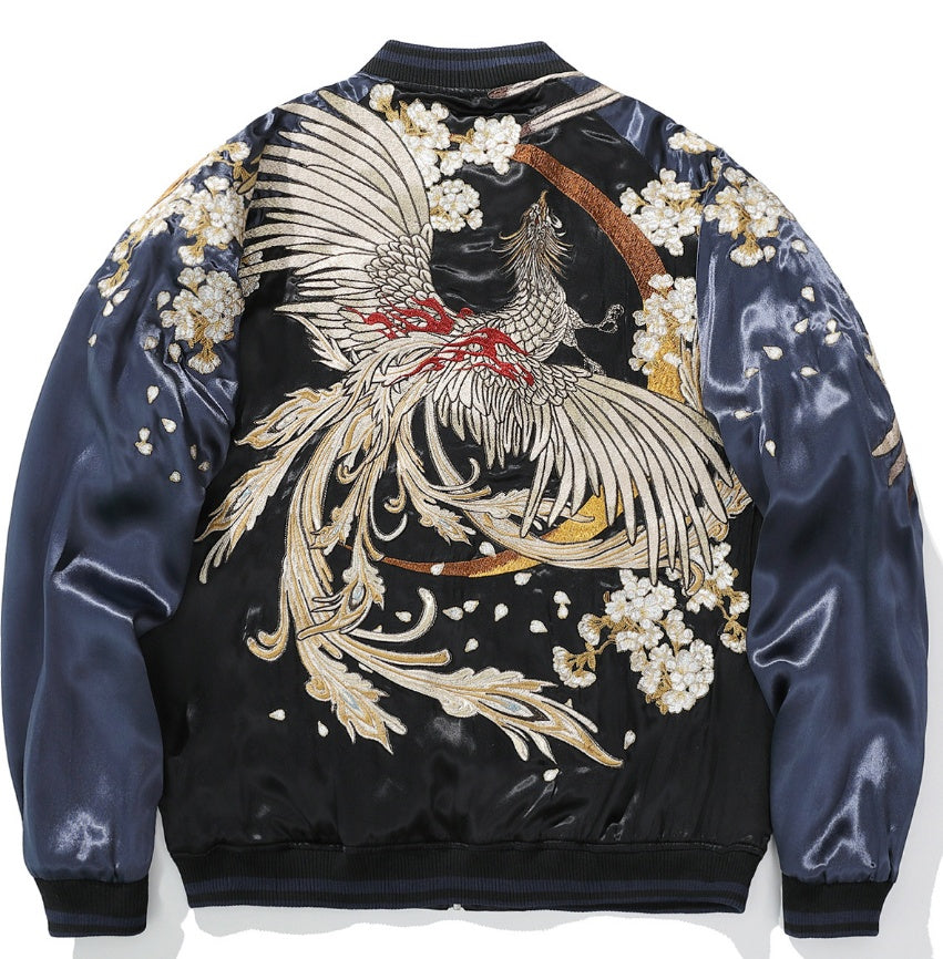 Baseballjacke mit Tiger- und Phönix-Stickerei
