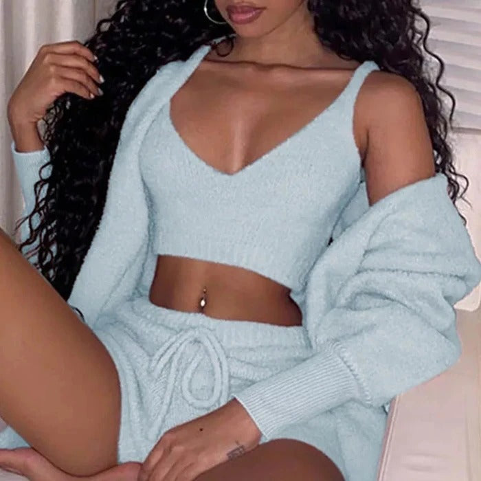 3er-Set Damen-Pyjama mit Langarm-Crop-Top und Bindebund-Shorts