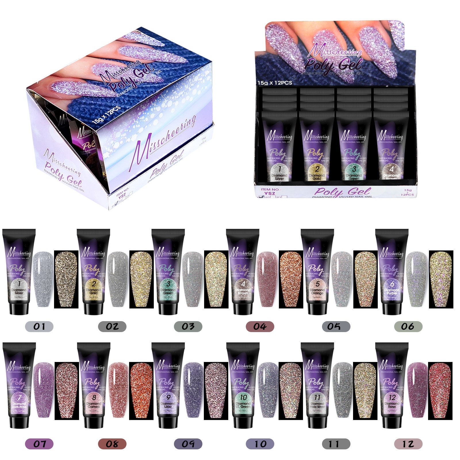 12 Farben Pailletten Nagelverlängerungs-Set
