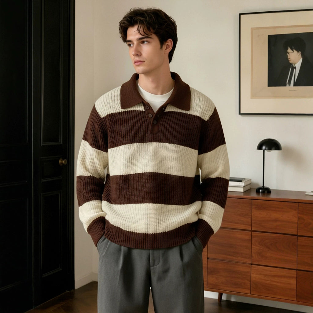 Herren Weit Schnitt Streifen-Lapel Pullover