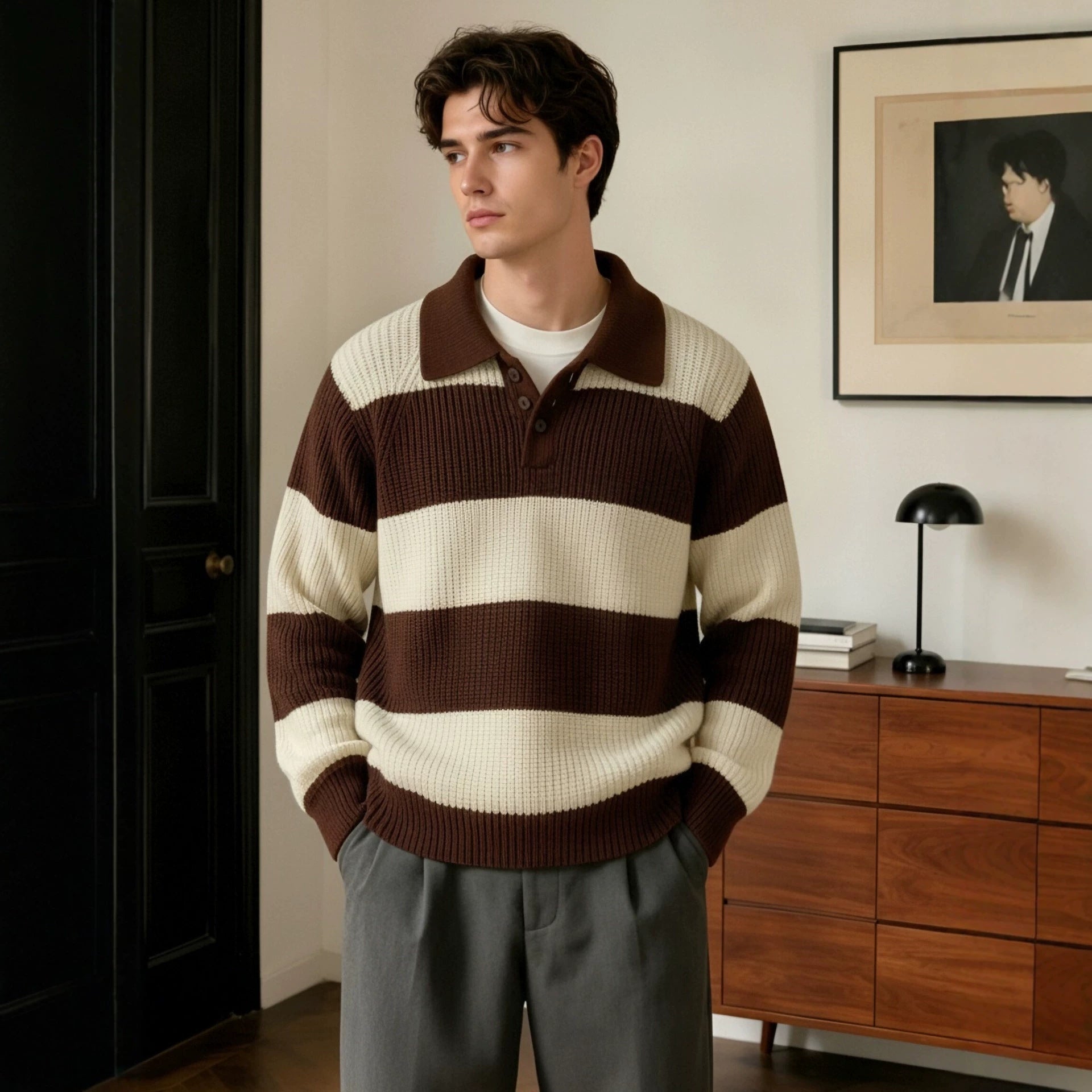 Herren Weit Schnitt Streifen-Lapel Pullover