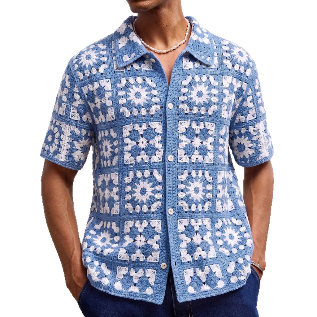 Blau-Weiss Plaid-Krakel-Oberteil Herren Kurzarm