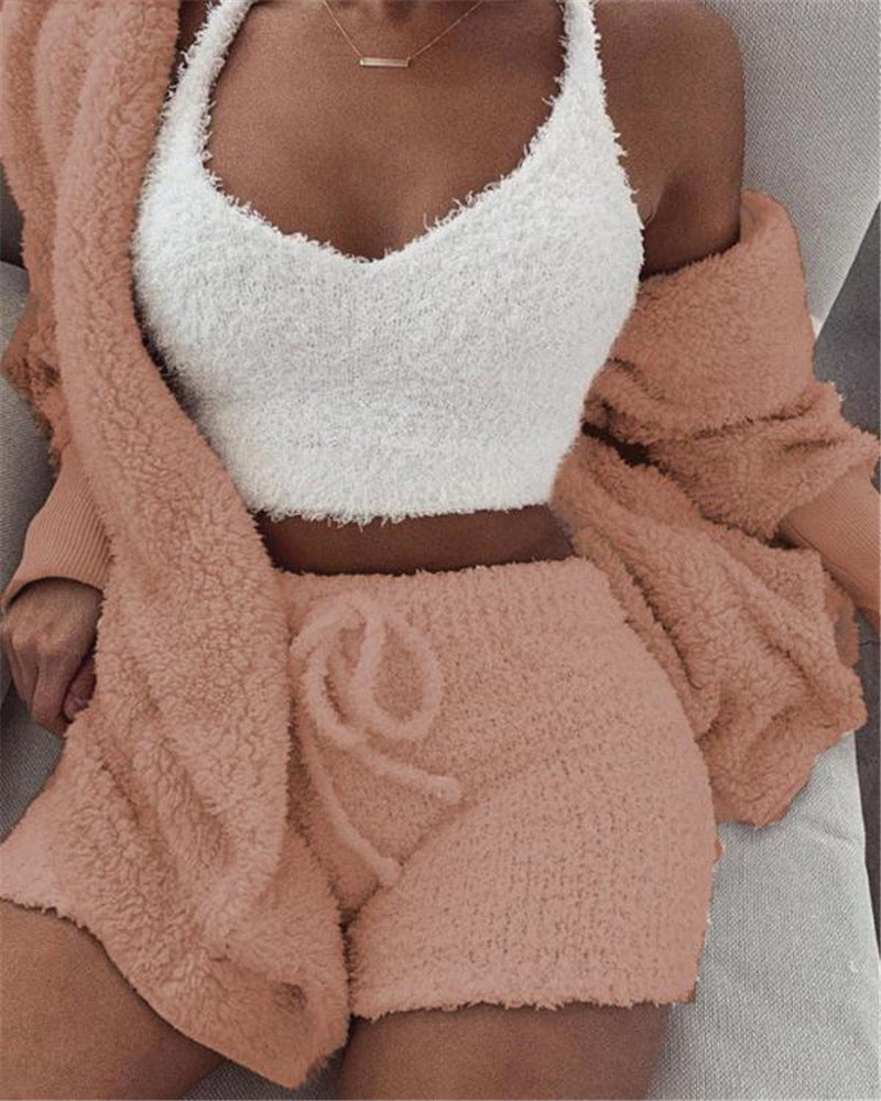 3er-Set Damen-Pyjama mit Langarm-Crop-Top und Bindebund-Shorts