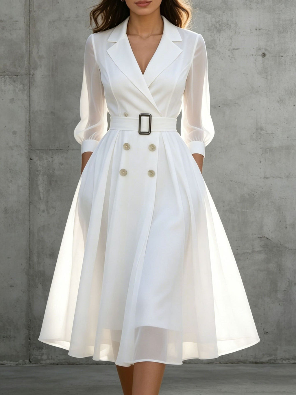V-Ausschnitt Tailliertes Langarmkleid Damen