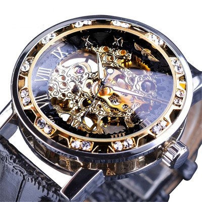 Mechanische Armbanduhr mit Strass und Lederband | LuxeStyle