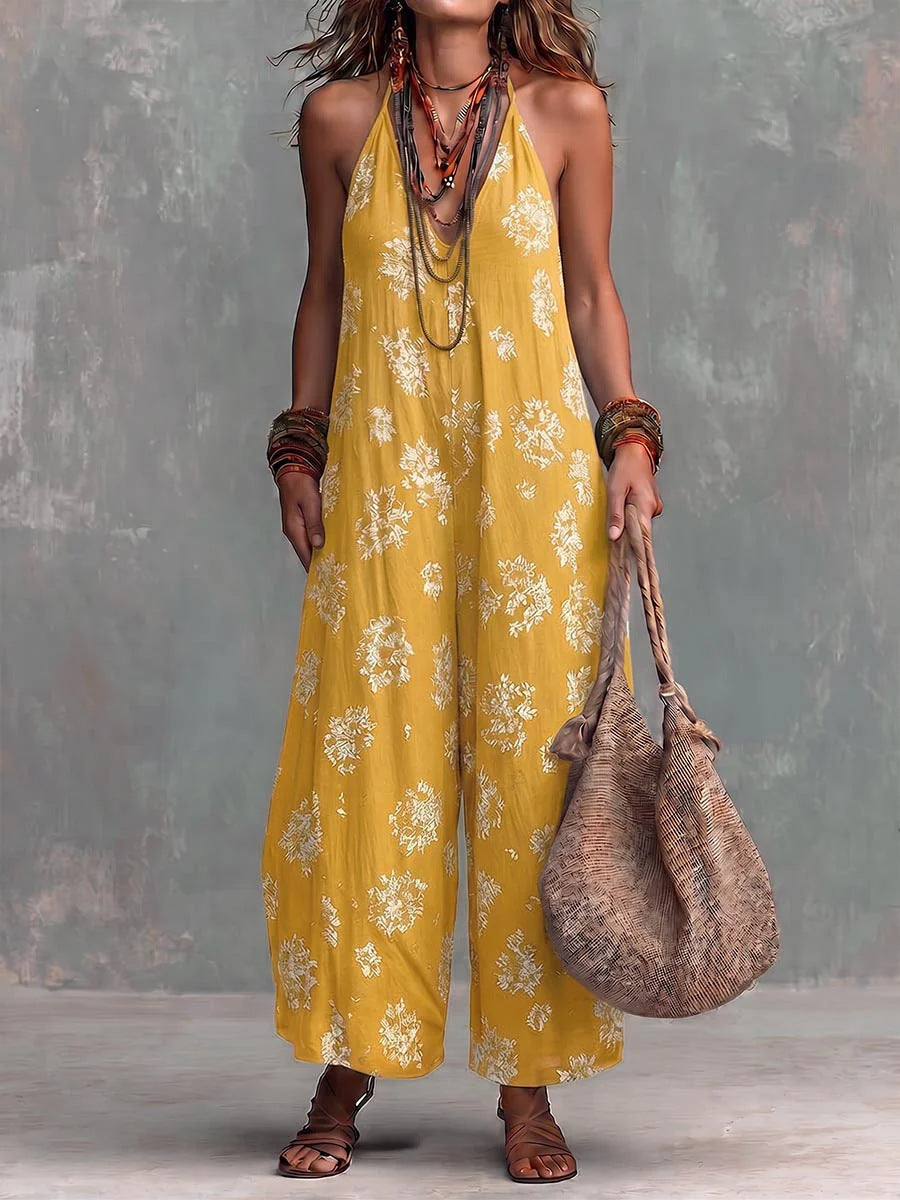 Ärmelloser Jumpsuit mit V-Ausschnitt und Print