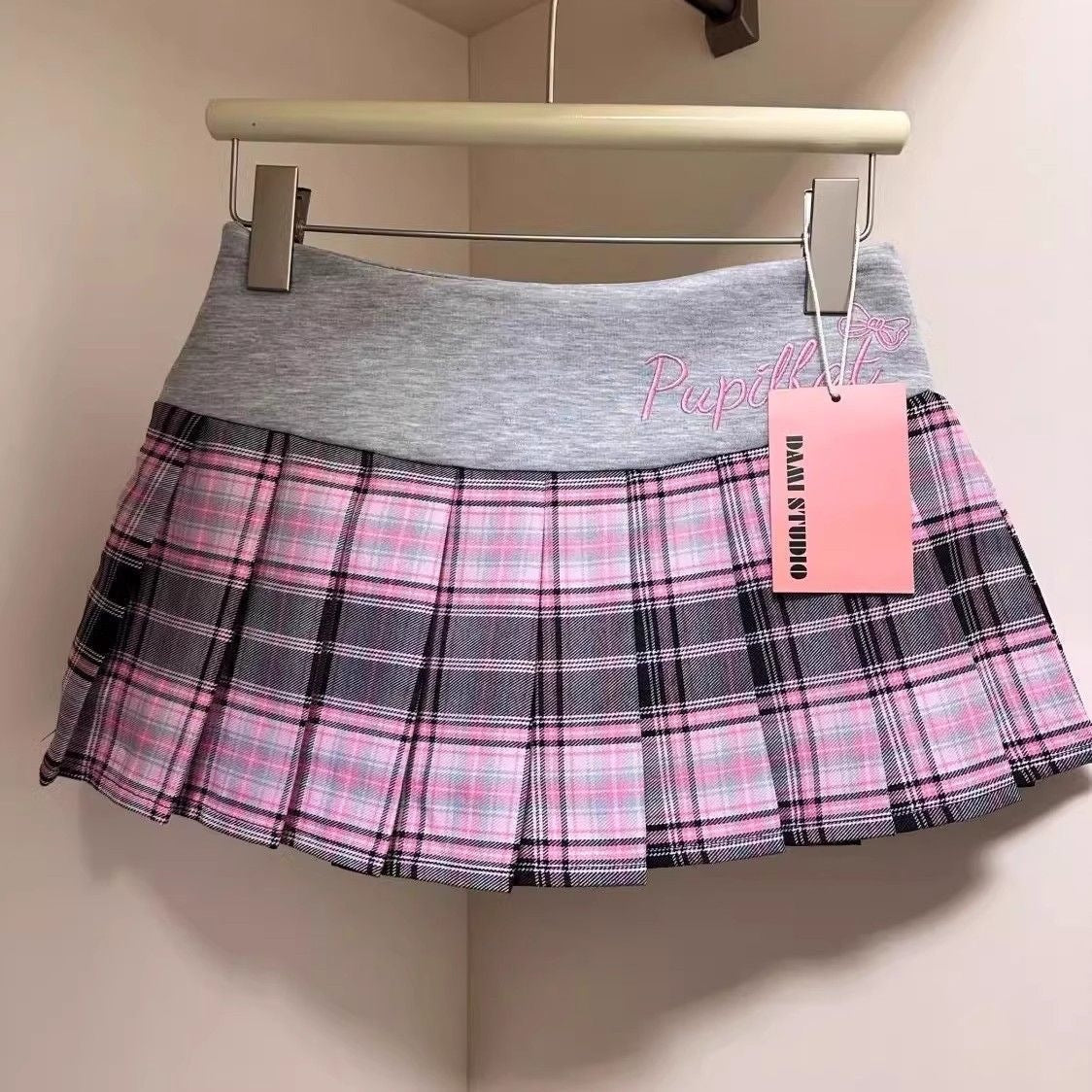 Plaid-Plissee-Rock mit hoher Taille und A-Linie, Midi-Länge