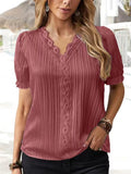V-Ausschnitt Spitzenbluse Kurzarm – Bild 10 | LuxeStyle