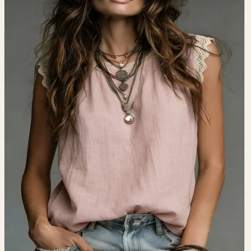 Ärmelloses Leinen-Baumwoll-Shirt mit Spitze | LuxeStyle