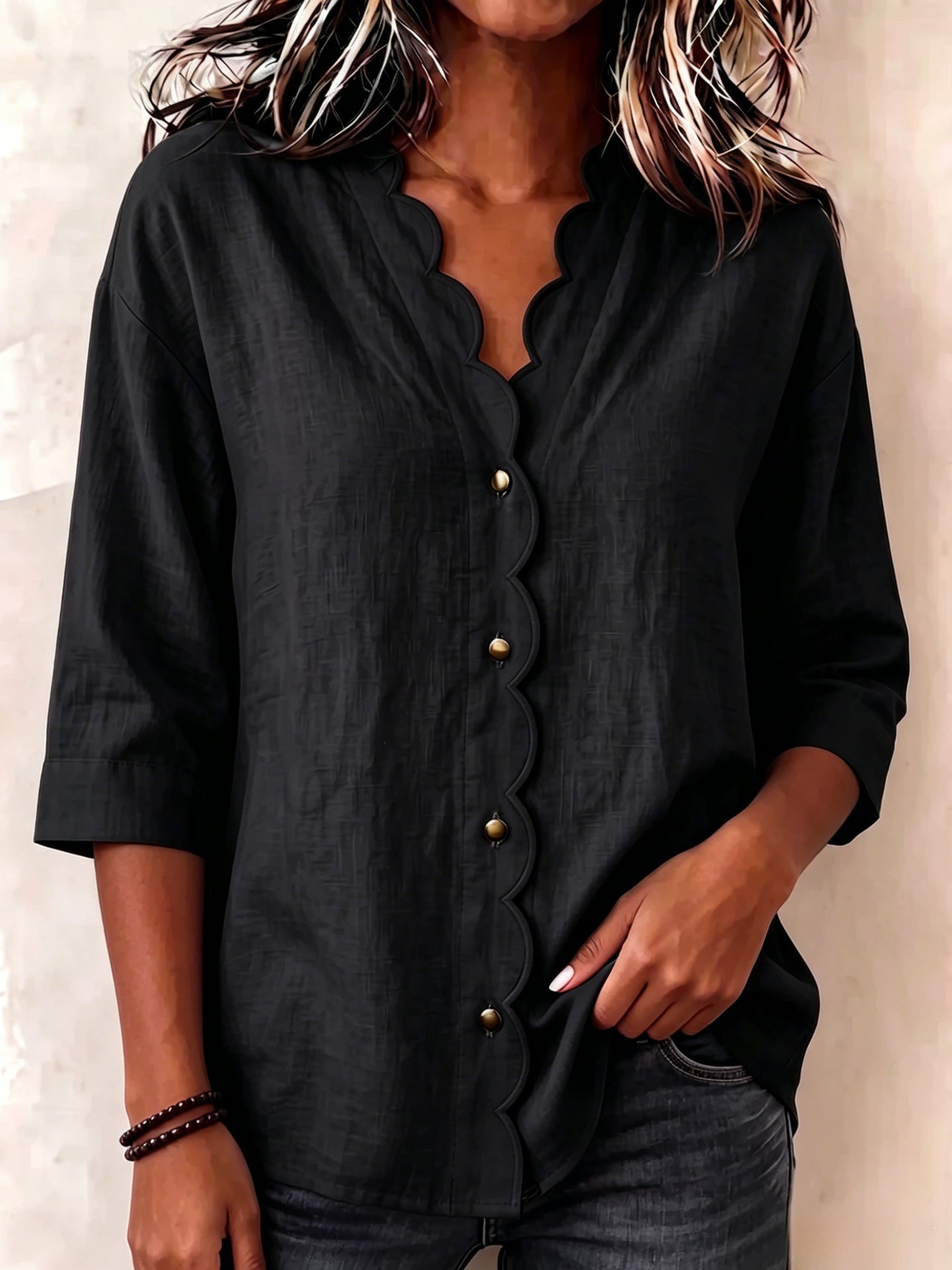 Elegante V-Neck Bluse mit Wellenspitze