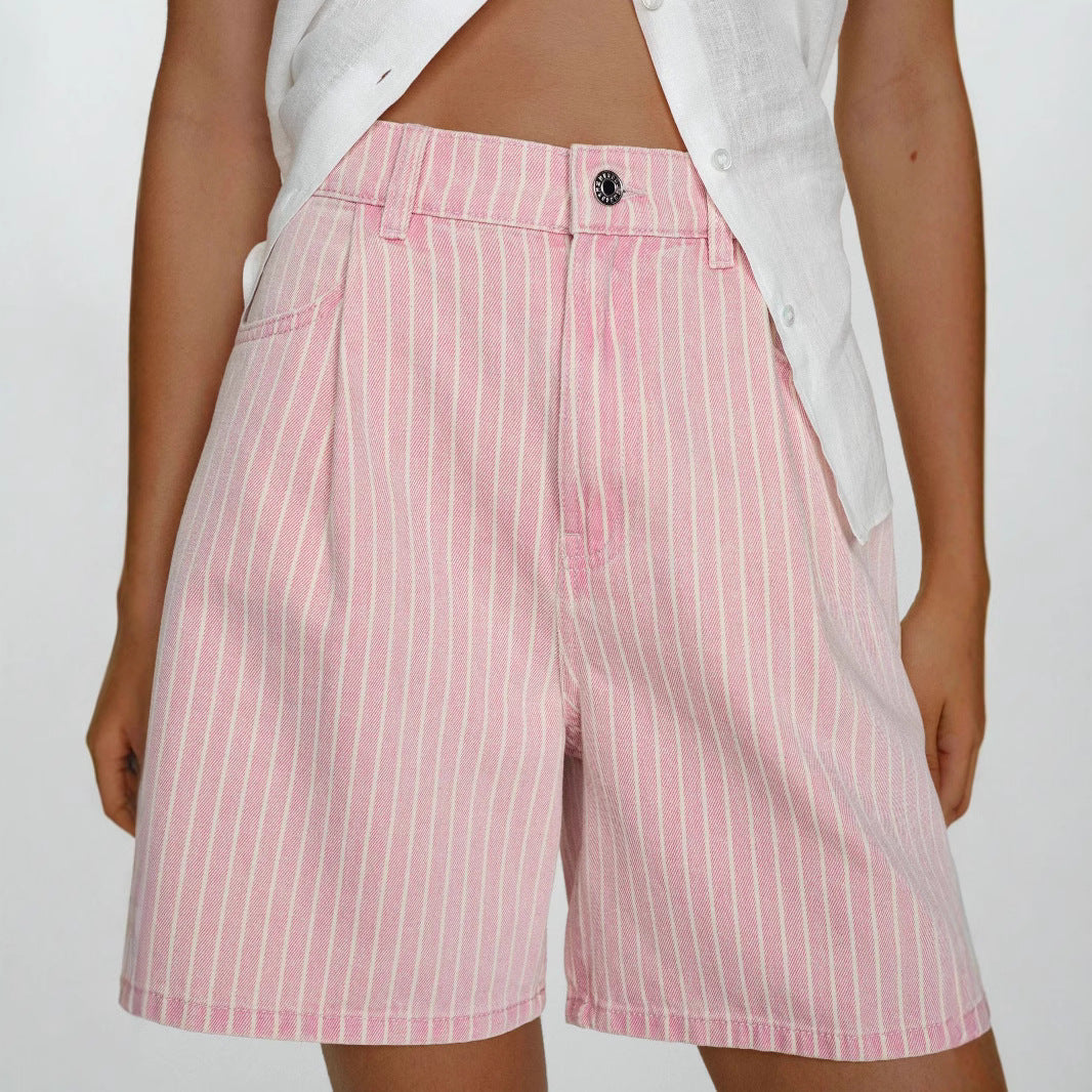 Gestreifte High-Waist Denim Shorts in Übergrössen