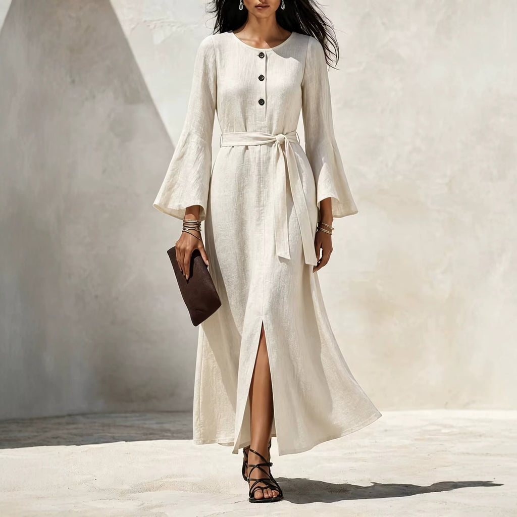 Damen Casual Leinenkleid mit ausgestellten Ärmeln
