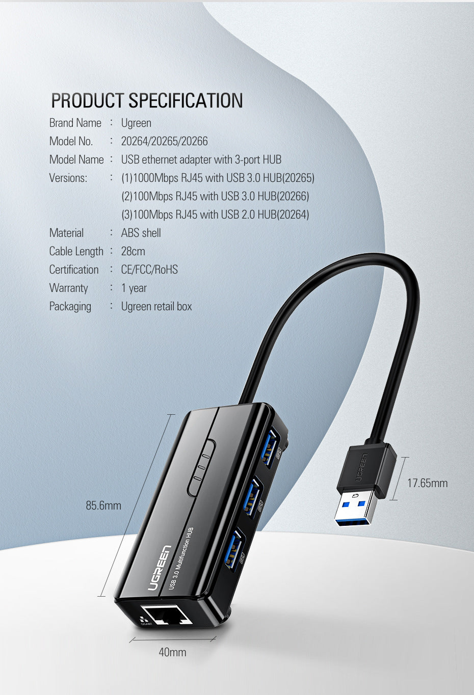 USB-Ethernet-Adapter mit 3-Port-USB-Hub | LuxeStyle