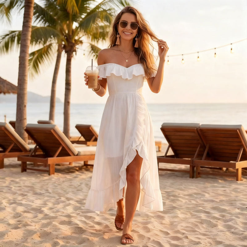 Ärmelloses Maxikleid mit V-Ausschnitt und Rüschen – Bild 6 | LuxeStyle