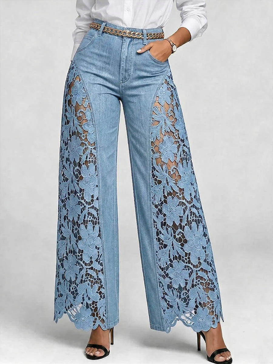 Hochtaillierte Weitbeine Damen Jeans mit Spitzenpaneelen