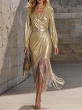 Goldenes V-Ausschnitt Langarm Damenkleid