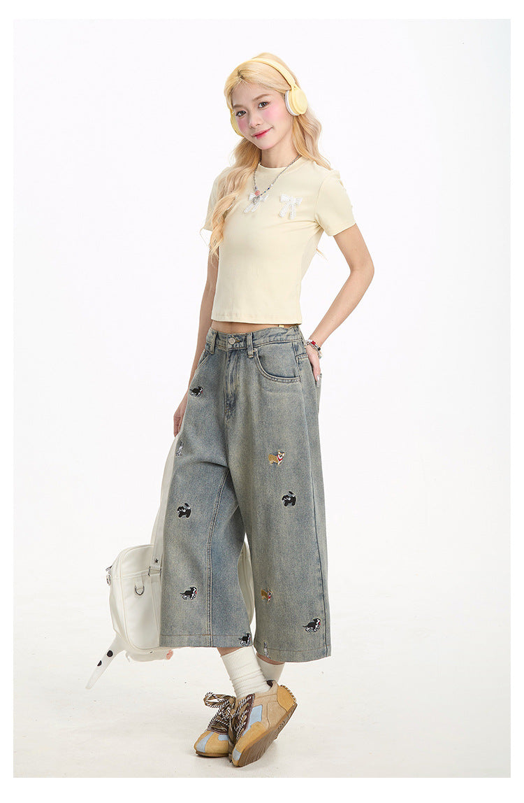 Bestickte Denim-Shorts mit Welpen-Design