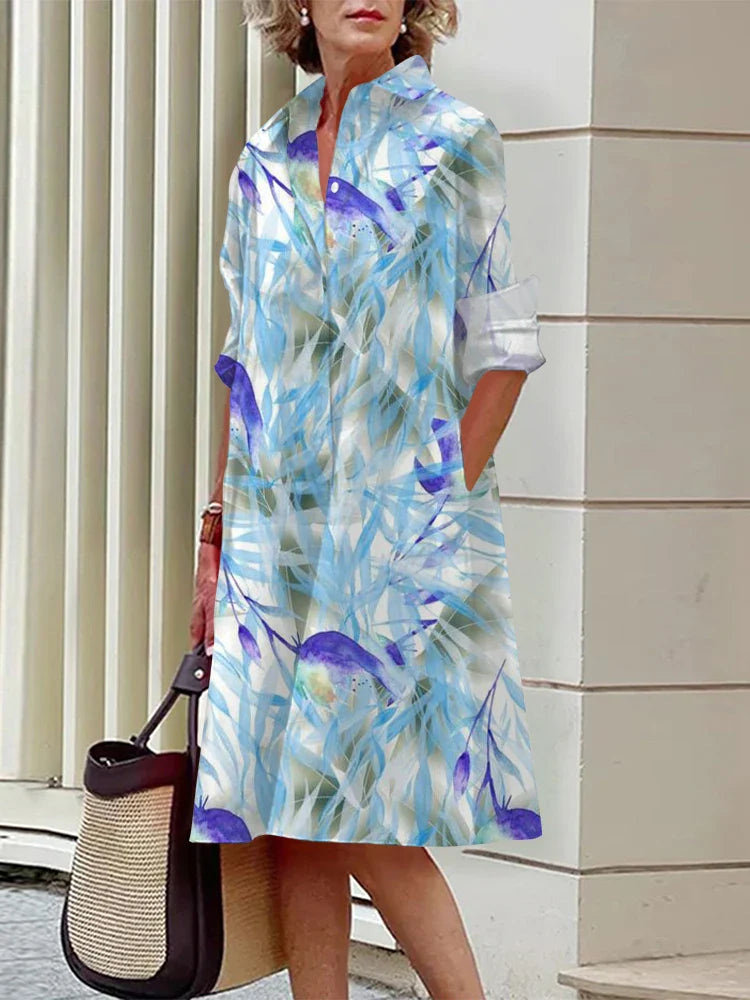 Abstrakt gemustertes Langarm-Hemdblusenkleid – Bild 2 | LuxeStyle
