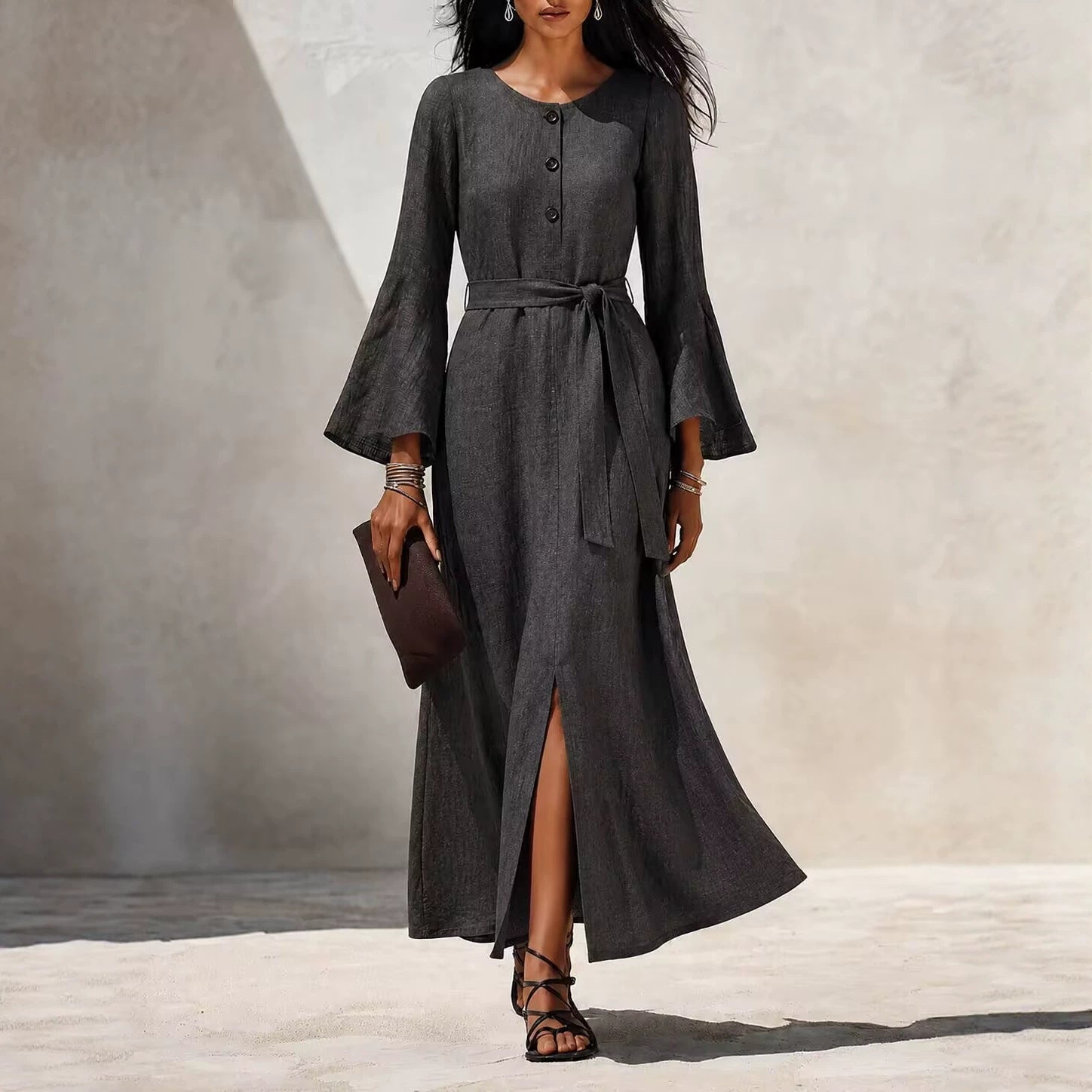 Damen Casual Leinenkleid mit ausgestellten Ärmeln
