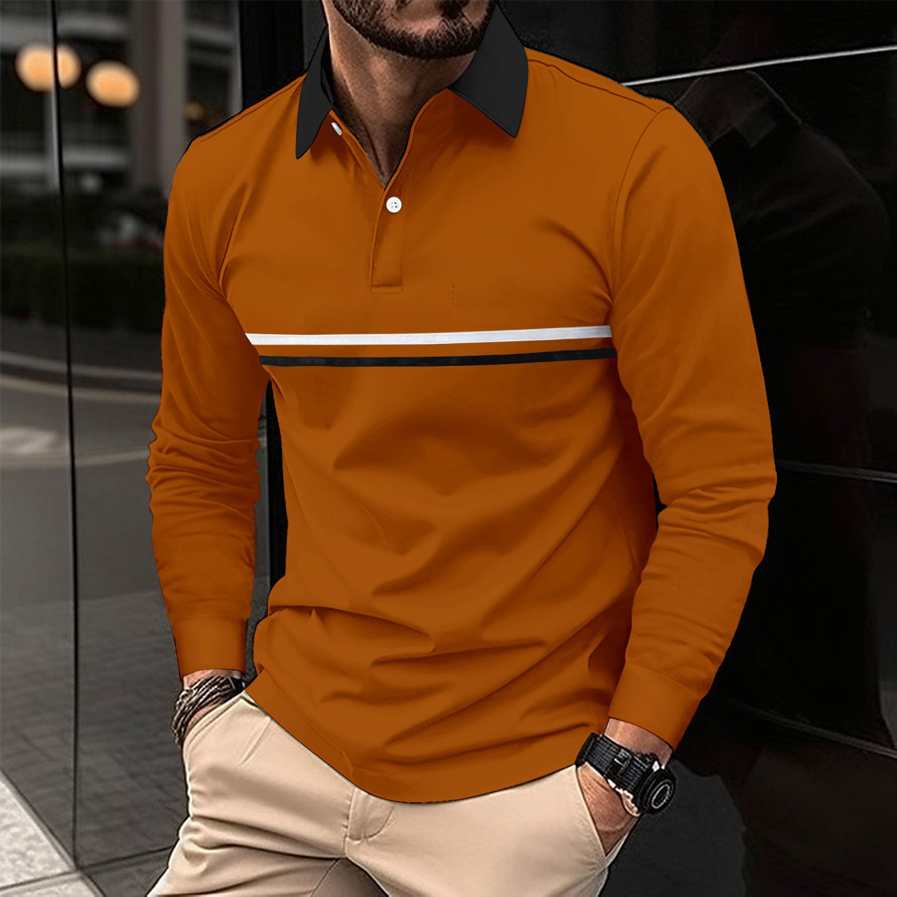 Herren Langarm Polo-Shirt mit Knopfleiste