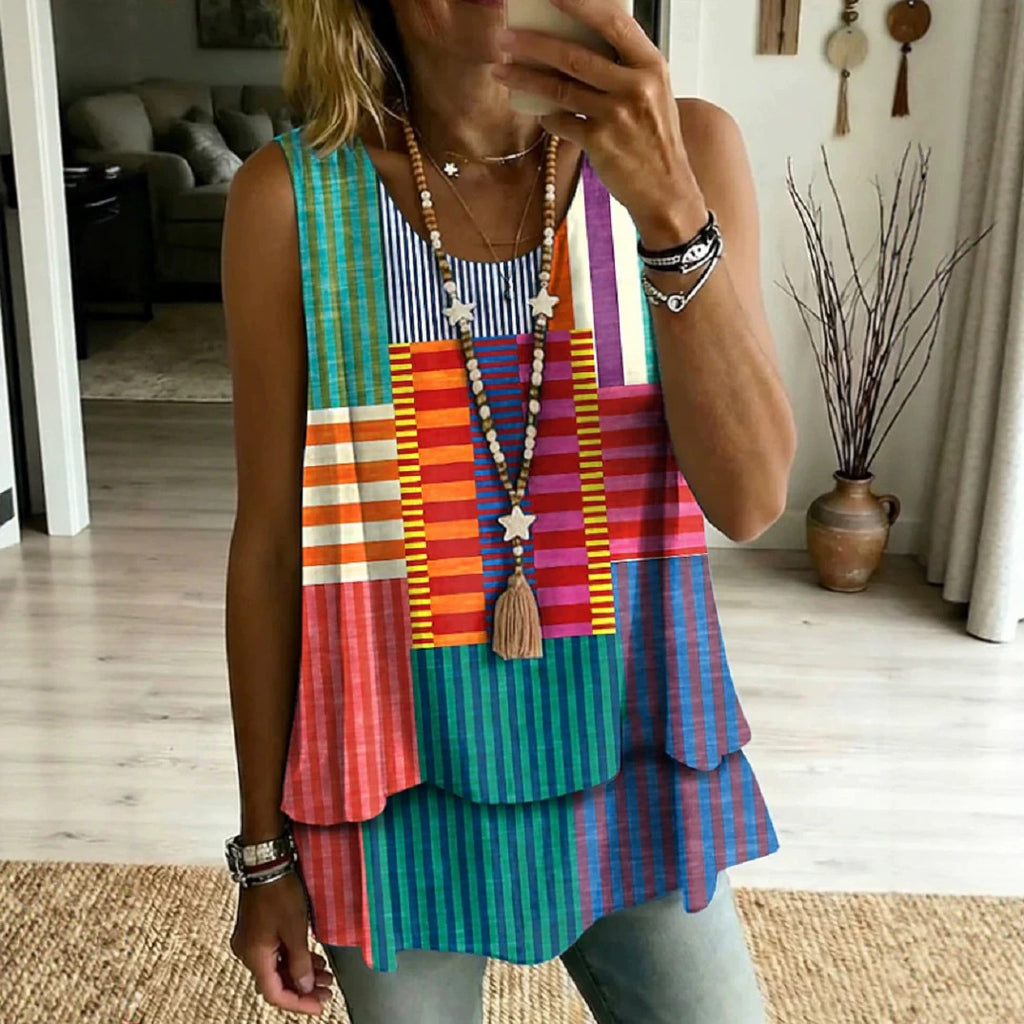 Gemustertes ärmelloses Damen T-Shirt mit Rundhals