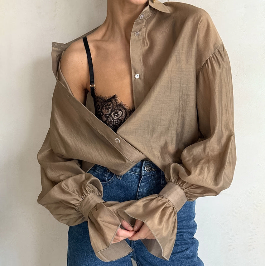 Khaki-Blau Sheer Langarmshirt für Damen – Bild 4 | LuxeStyle