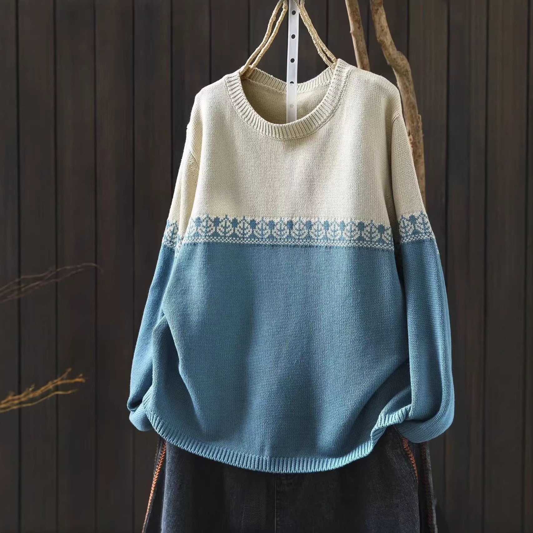 Preppy Baumwollpullover mit Rundhalsausschnitt