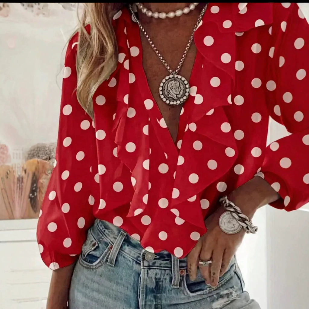 Damen Polka-Dot Langarm-Shirt mit V-Ausschnitt