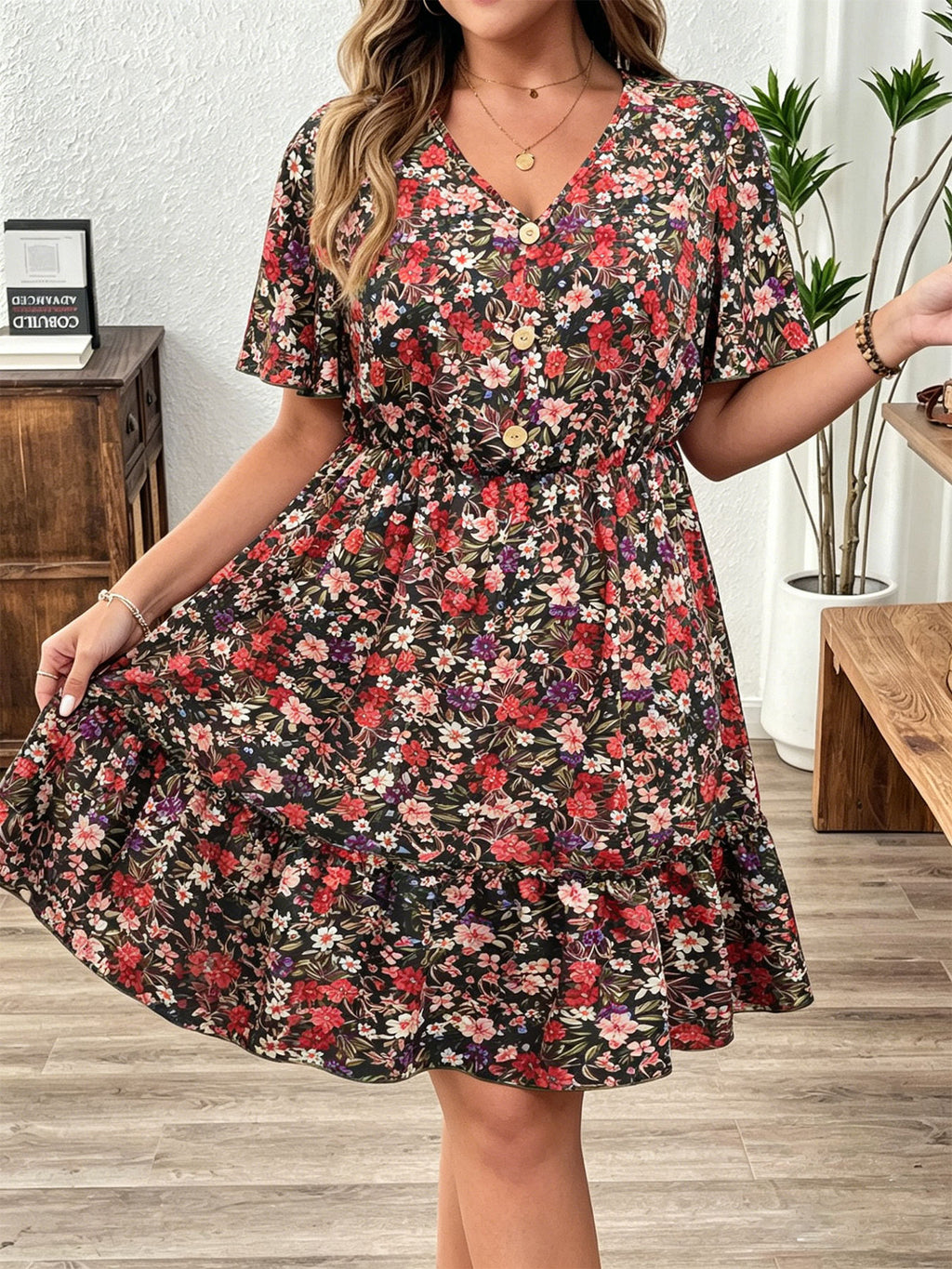 Midi-Kleid mit V-Ausschnitt & Blumenmuster – Bild 2 | LuxeStyle