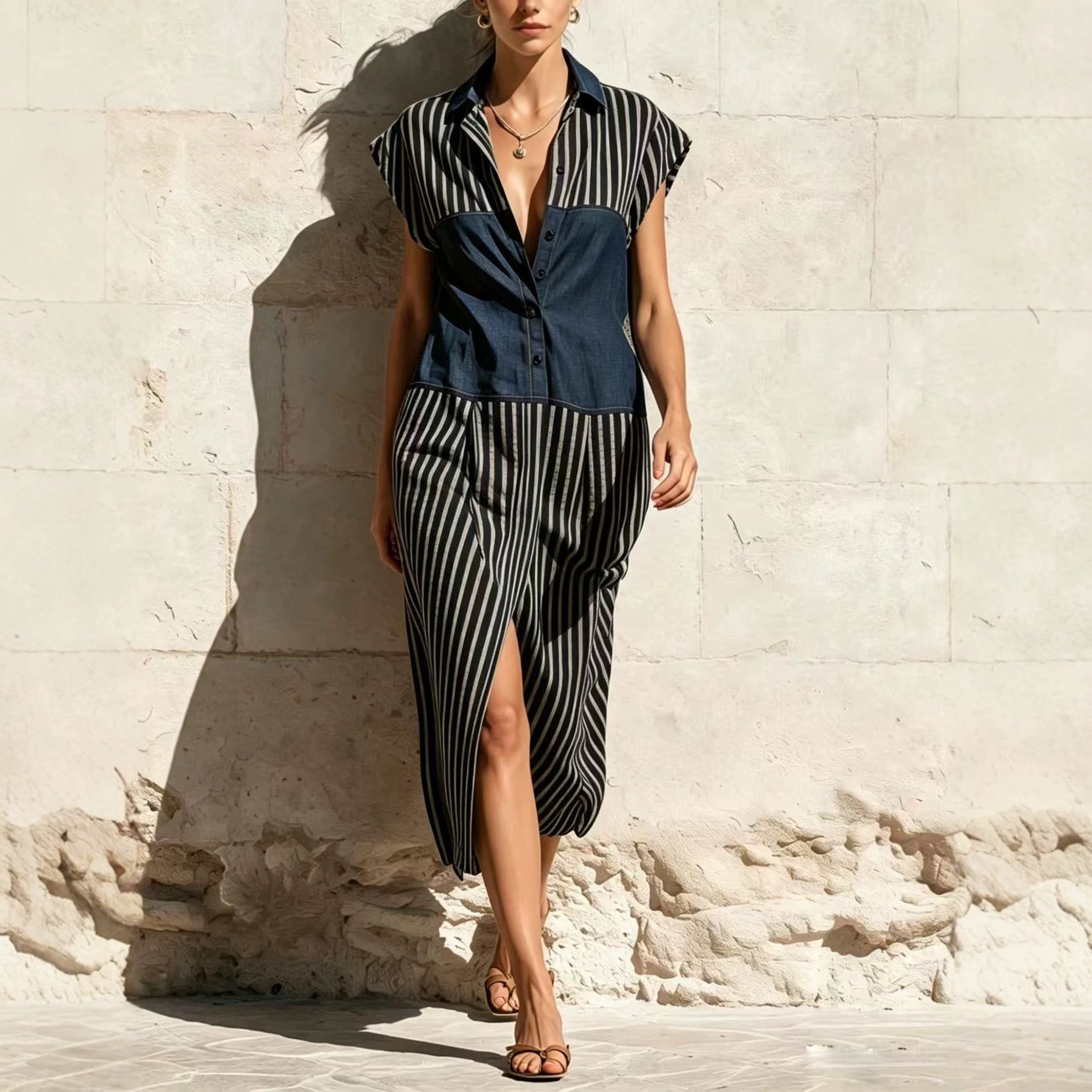 Gestreiftes Patchwork Hemdkleid mit Schlitz