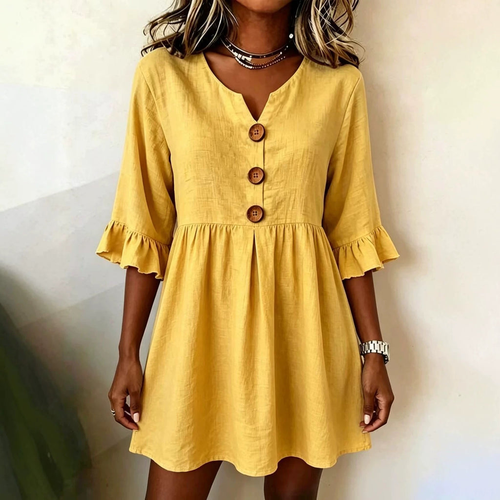 V-Ausschnitt Baumwoll-Leinen Midi-Kleid | LuxeStyle