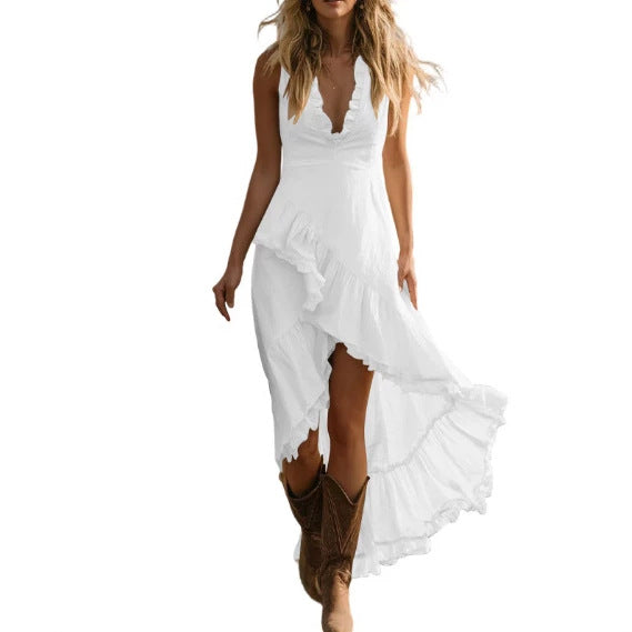 Ärmeloses V-Neck Kleid mit Rüschen, Midimitte – Bild 2 | LuxeStyle