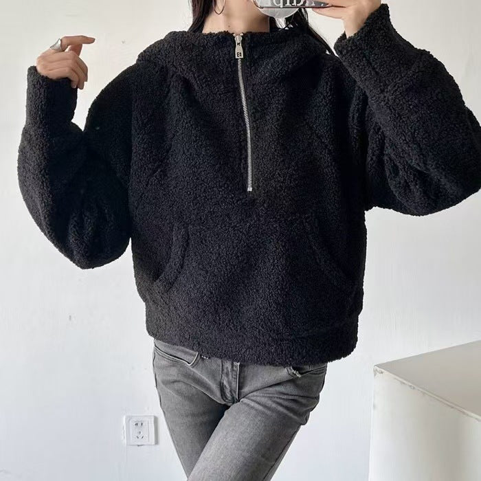 Relaxed Fit Halbzipfel-Hoodie aus Imitat Lammwolle