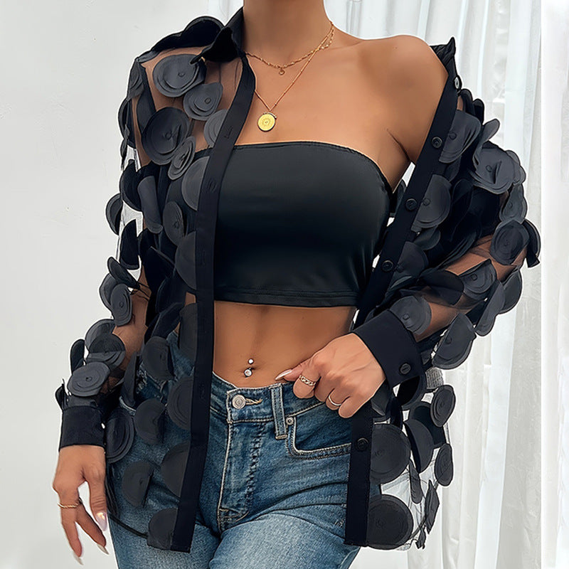 2-teilige Mesh-Bluse «Résille» – Langarm mit Hollow-out