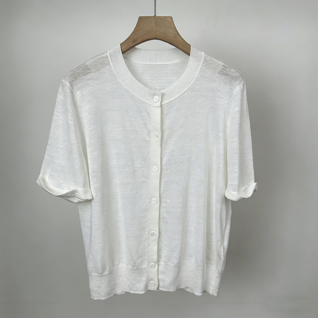 Leinen-Stricktop mit Rundhals und langen Ärmeln