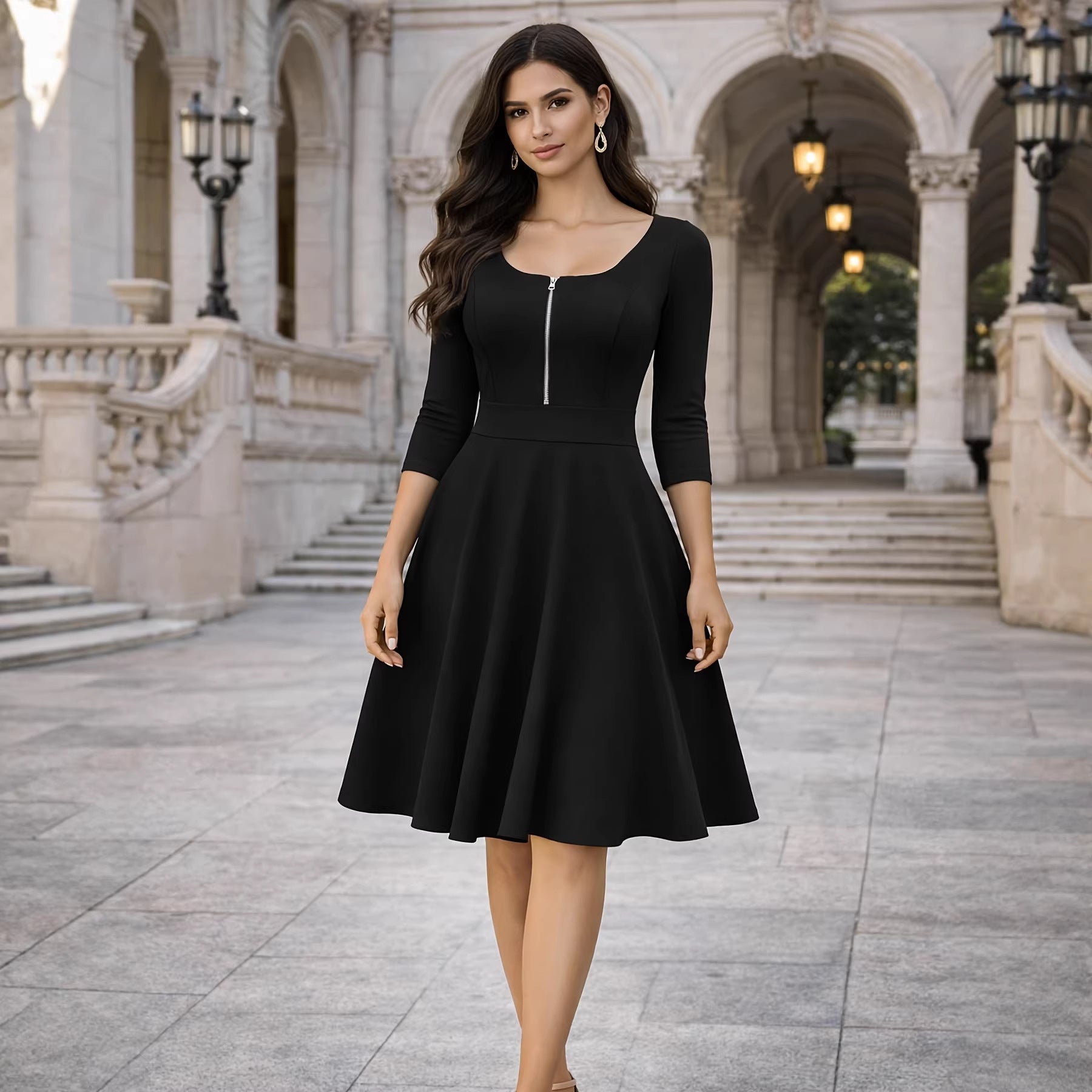 Elegantes Midi-Kleid mit Front-Reissverschluss