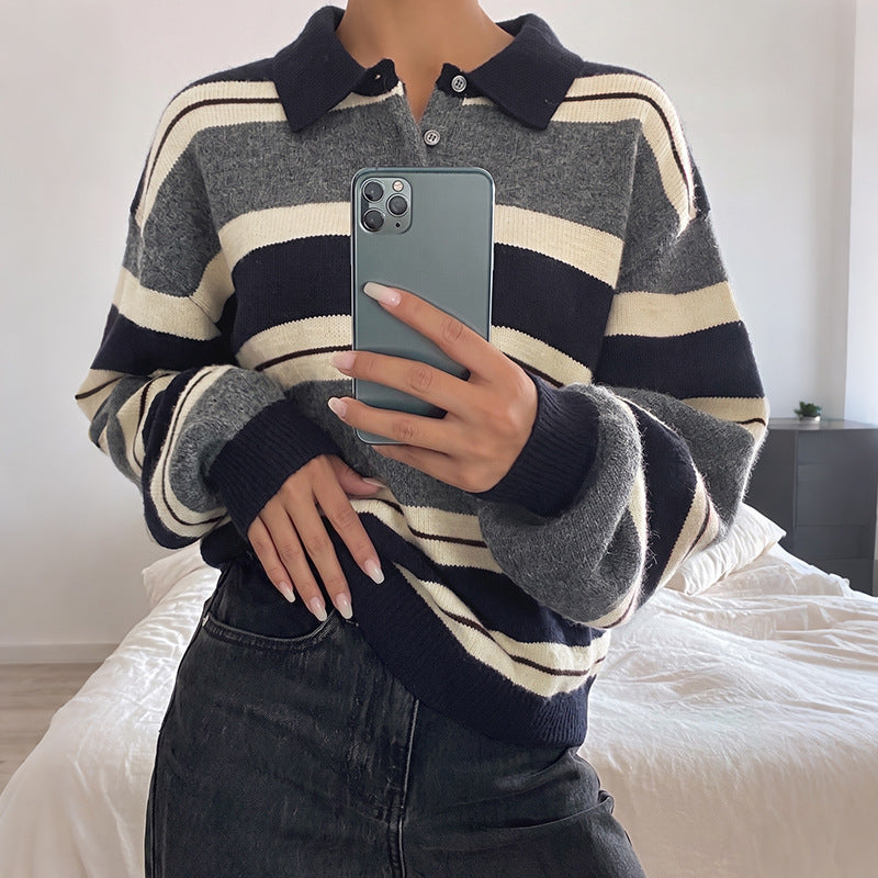 Gestreifter Color-Block V-Neck Strickpullover
