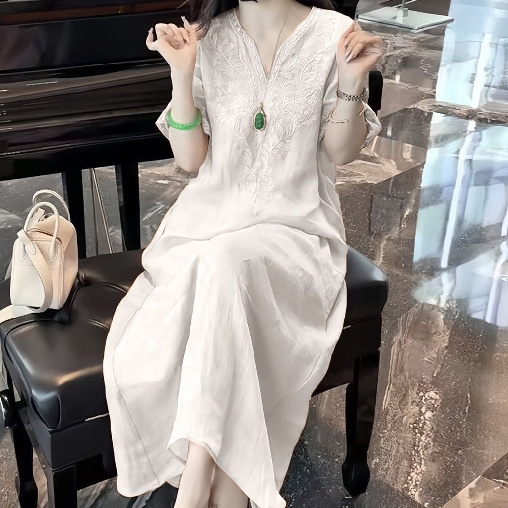 Besticktes V-Ausschnitt Leinenkleid