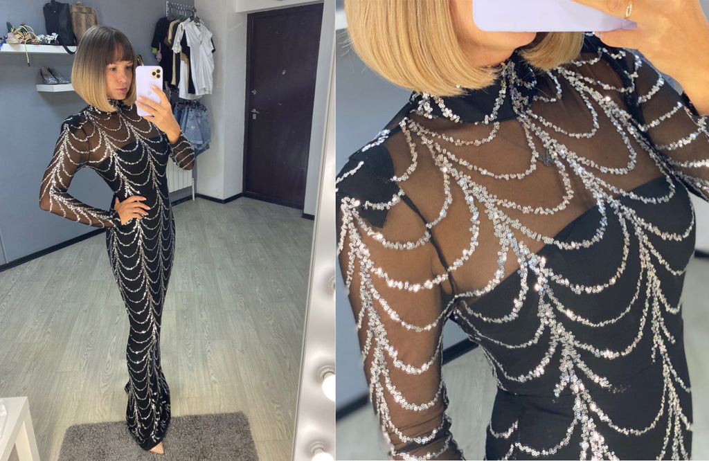 Pailletten Maxi-Kleid mit langen Ärmeln