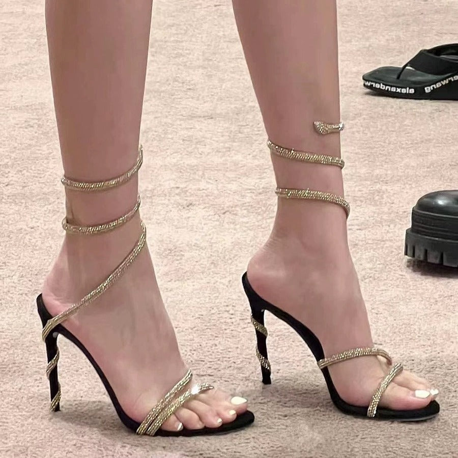 High Heel Stiletto Sandalen mit Strassriemen