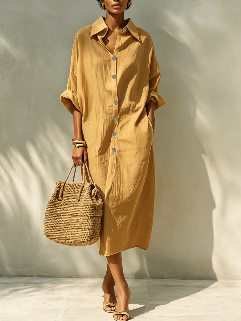 Langes Hemdblusenkleid mit Revers für Damen – Bild 6 | LuxeStyle
