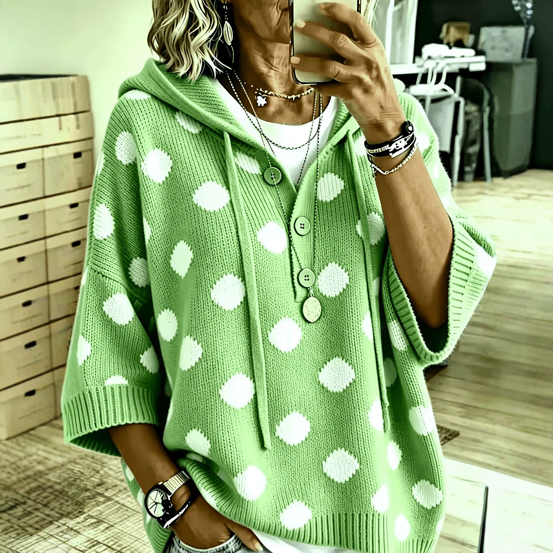 Elegante Polka-Dot-Bluse mit Kapuze