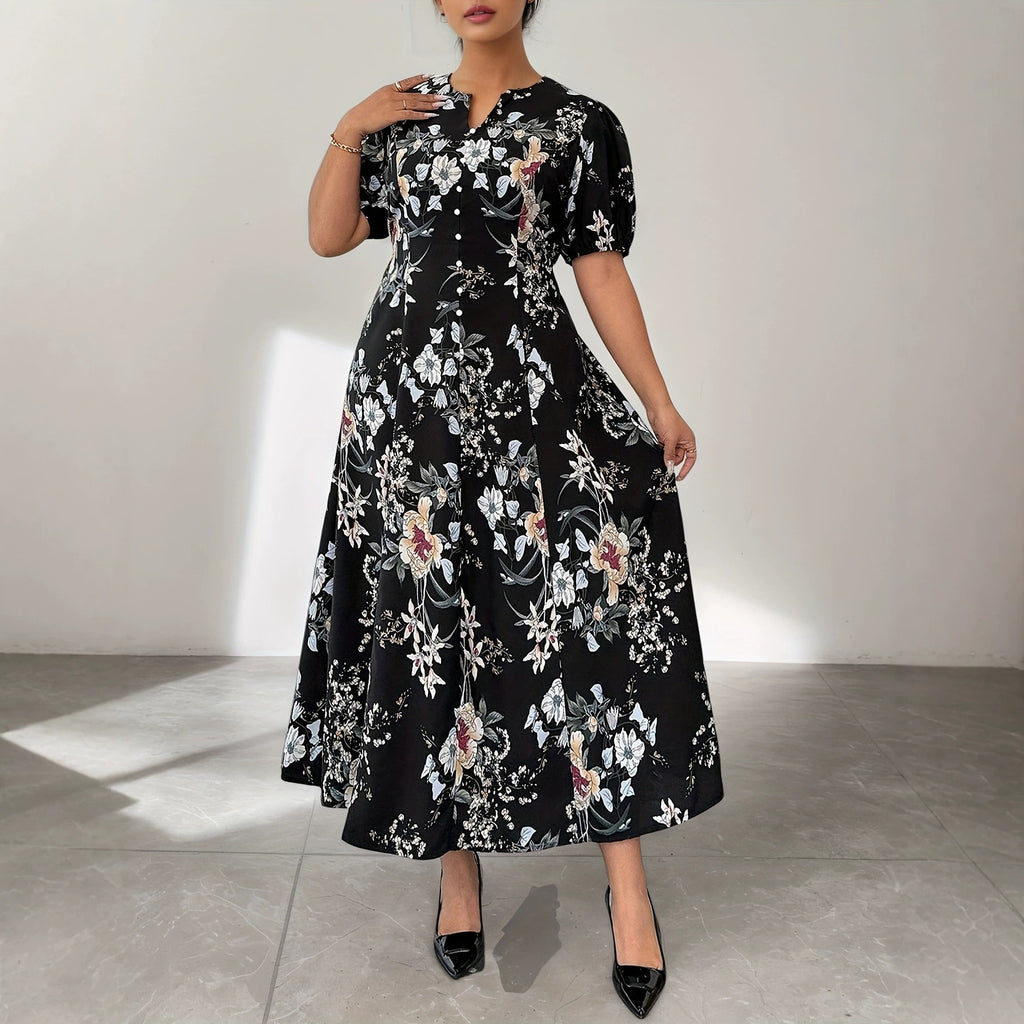 Elegantes V-Ausschnitt Midi-Kleid mit Print