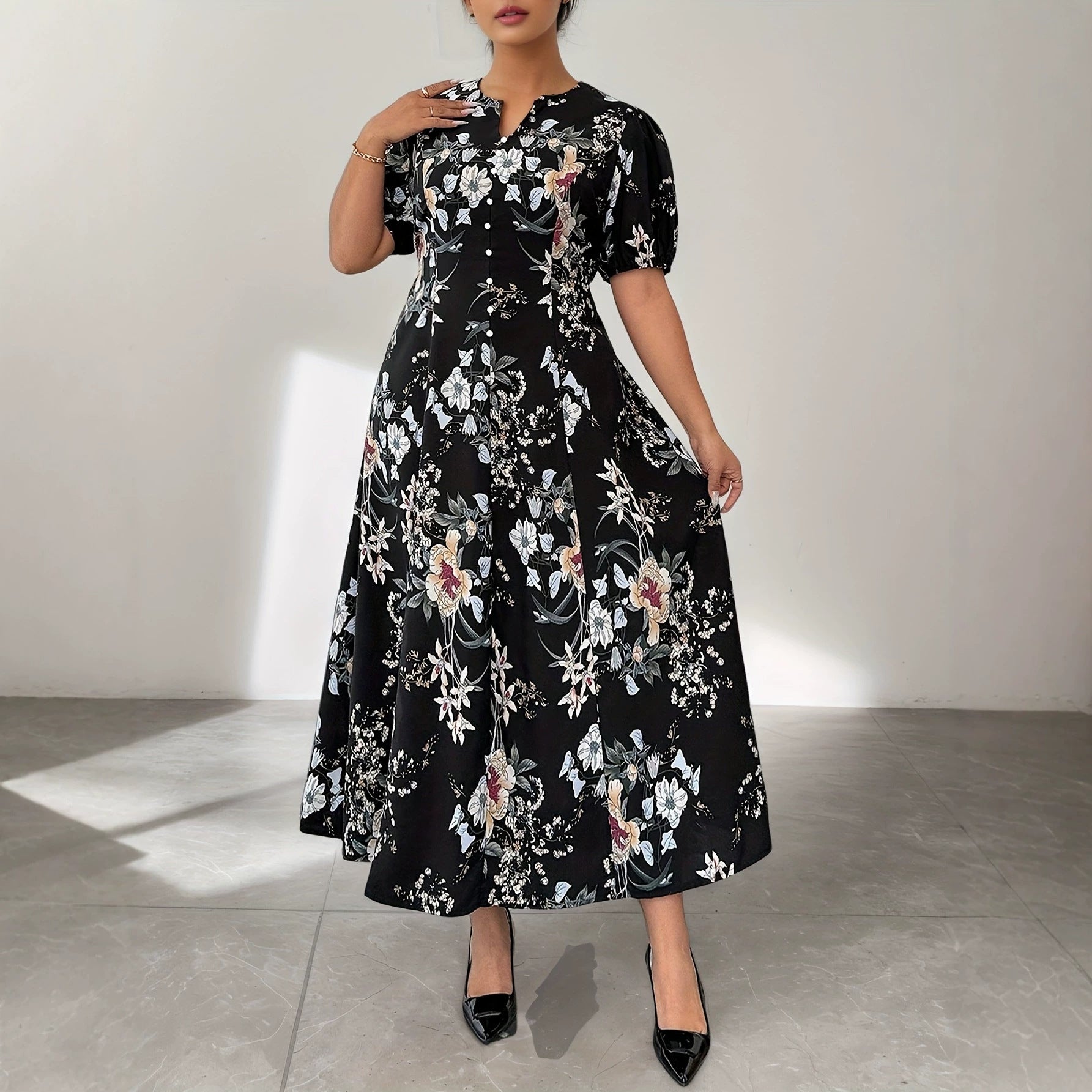Elegantes V-Ausschnitt Midi-Kleid mit Print