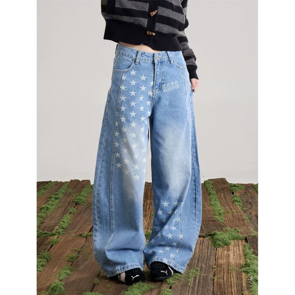 Retro Star-Print Jeans mit weitem Bein – Ansicht 4